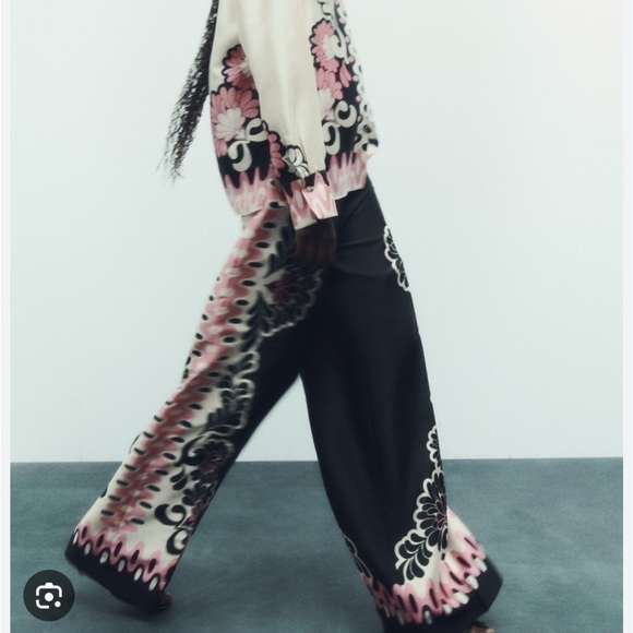 Zara NWT print straight cut pants satin effect pink black - Picture 3 of 5